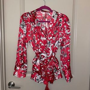 Victoria’s Secret Pajamas Top Silky Red long sleeve button down with belt